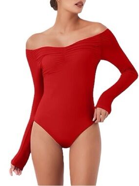 Amazon Off-Shoulder Long Sleeve Red Bodysuit